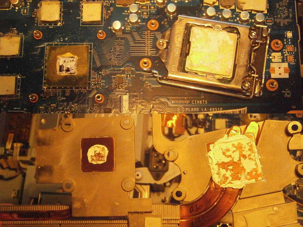 процессор и радиатор материнской платы моноблока Lenovo IdeaCentre B520 с старой термопастой